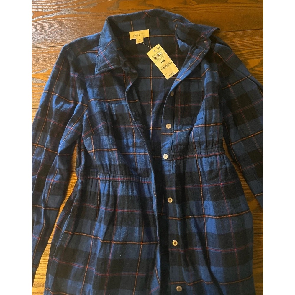 NEW Style & Co Flannel Blue Elastic Waist Dress/Jumpsuit size PS NWT